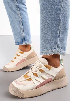 Beżowe Sznurowane Płaskie Sneakersy z Kolorowymi Wstawkami z Ekoskóry Wonise