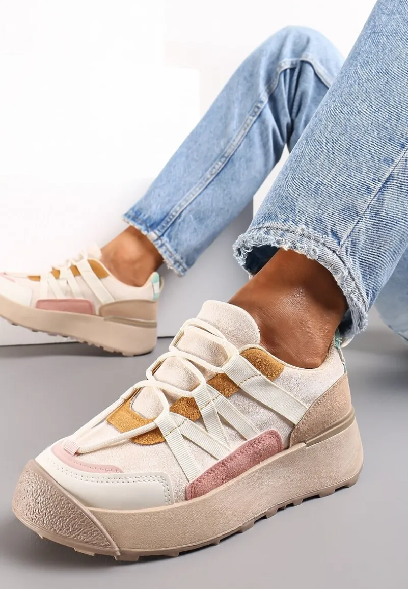 Beżowe Sznurowane Płaskie Sneakersy z Kolorowymi Wstawkami z Ekoskóry Wonise