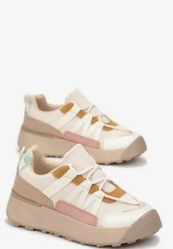 Beżowe Sznurowane Płaskie Sneakersy z Kolorowymi Wstawkami z Ekoskóry Wonise