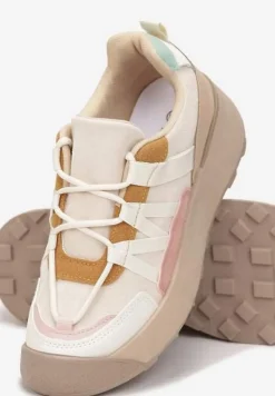 Beżowe Sznurowane Płaskie Sneakersy z Kolorowymi Wstawkami z Ekoskóry Wonise