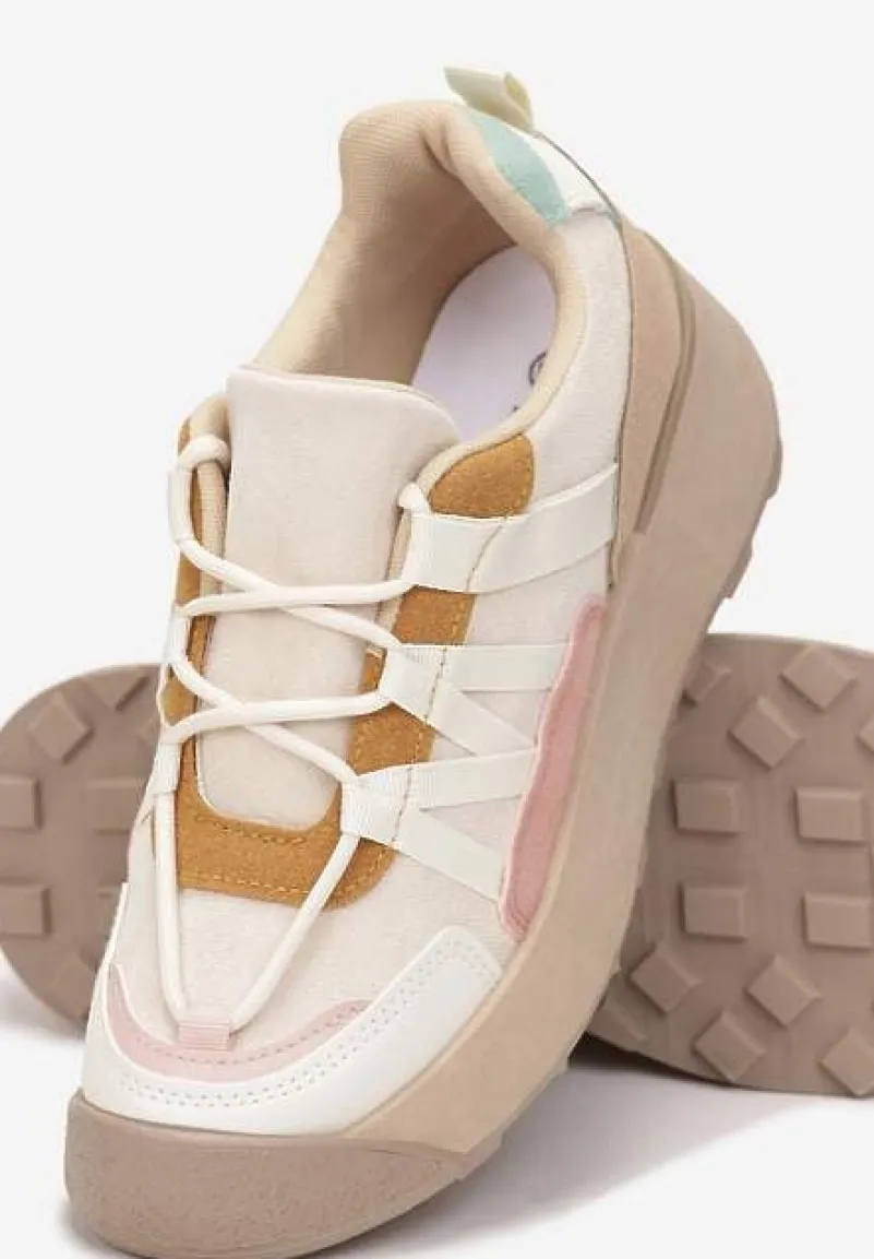 Beżowe Sznurowane Płaskie Sneakersy z Kolorowymi Wstawkami z Ekoskóry Wonise
