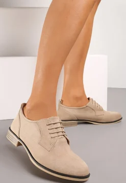 Beżowe Sznurowane Półbuty na Płaskim Obcasie Tarlimi