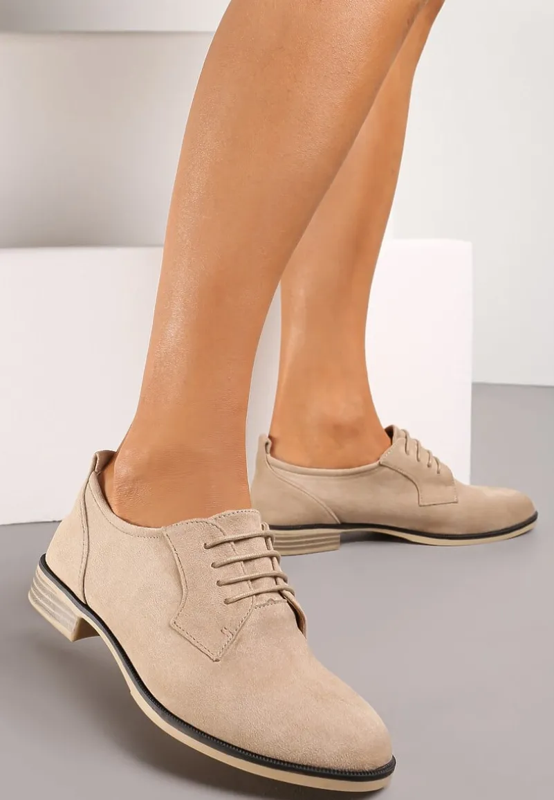 Beżowe Sznurowane Półbuty na Płaskim Obcasie Tarlimi