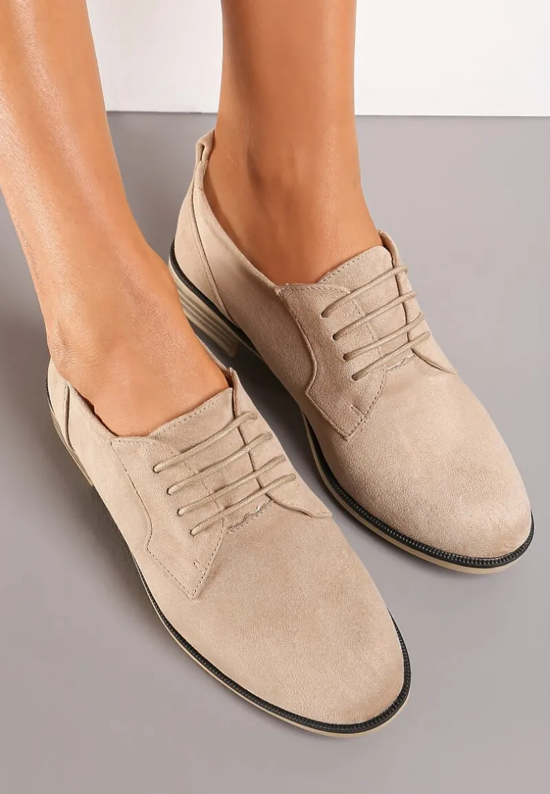 Beżowe Sznurowane Półbuty na Płaskim Obcasie Tarlimi
