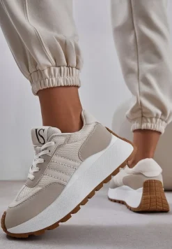 Beżowe Sznurowane Sneakersy Vices na Platformie z Ozdobnymi Paskami Seliniel