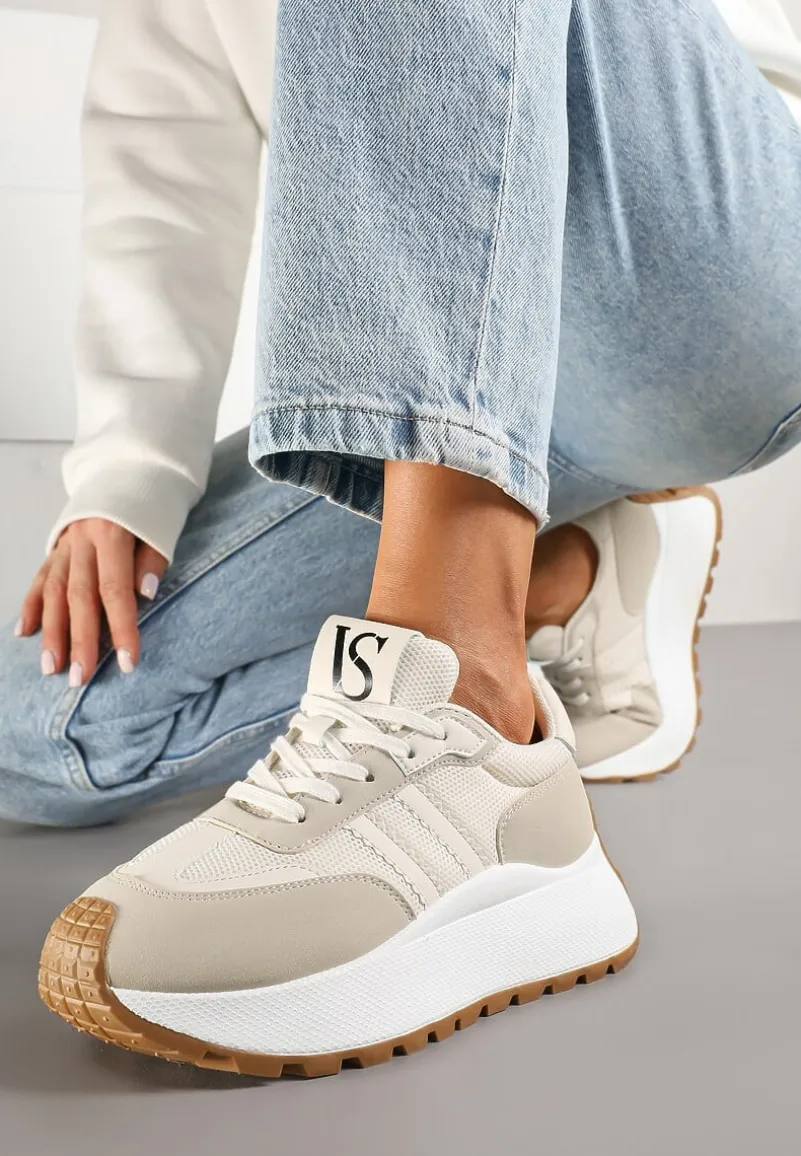 Beżowe Sznurowane Sneakersy Vices na Platformie z Ozdobnymi Paskami Seliniel