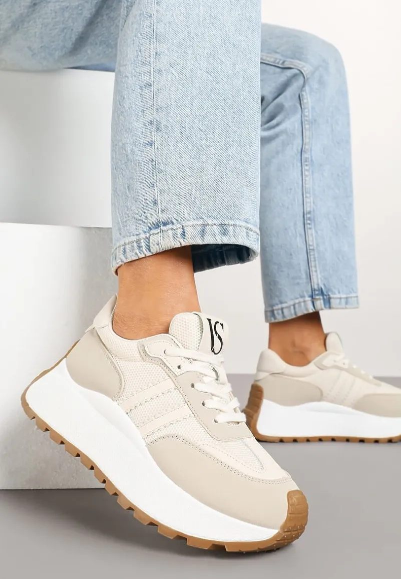 Beżowe Sznurowane Sneakersy Vices na Platformie z Ozdobnymi Paskami Seliniel