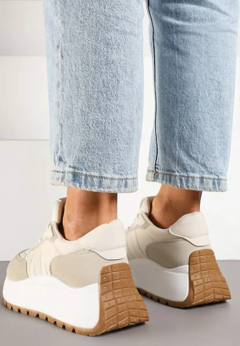 Beżowe Sznurowane Sneakersy Vices na Platformie z Ozdobnymi Paskami Seliniel