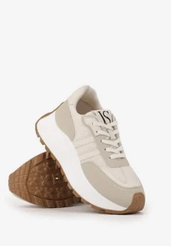 Beżowe Sznurowane Sneakersy Vices na Platformie z Ozdobnymi Paskami Seliniel