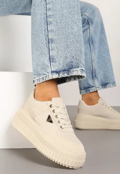 Beżowe Sznurowane Sneakersy Vices Tłoczonej Platformie Ozdobione Trójkątem Raviri