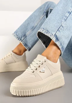 Beżowe Sznurowane Sneakersy Vices Tłoczonej Platformie Ozdobione Trójkątem Raviri