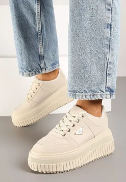 Beżowe Sznurowane Sneakersy Vices Tłoczonej Platformie Ozdobione Trójkątem Raviri