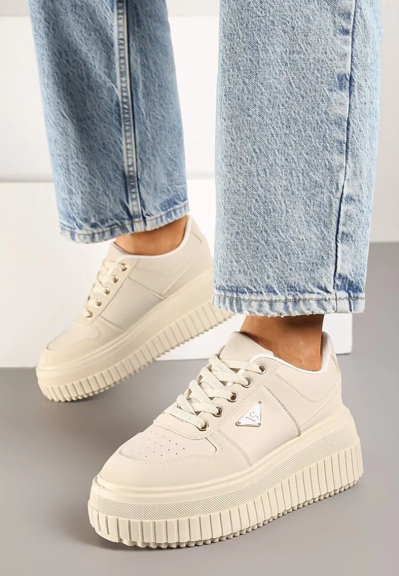 Beżowe Sznurowane Sneakersy Vices Tłoczonej Platformie Ozdobione Trójkątem Raviri