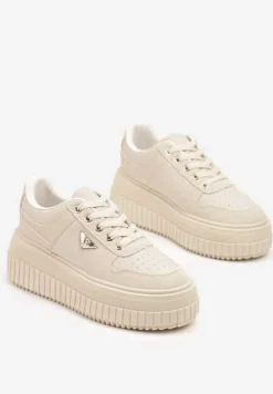 Beżowe Sznurowane Sneakersy Vices Tłoczonej Platformie Ozdobione Trójkątem Raviri
