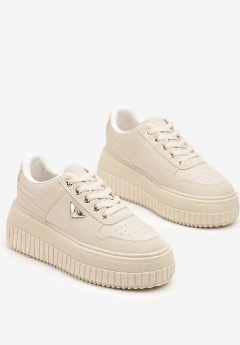 Beżowe Sznurowane Sneakersy Vices Tłoczonej Platformie Ozdobione Trójkątem Raviri