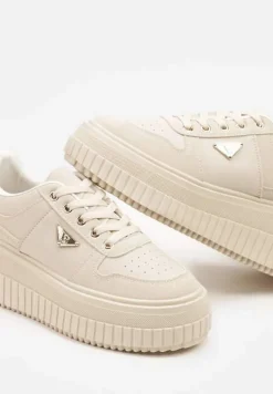 Beżowe Sznurowane Sneakersy Vices Tłoczonej Platformie Ozdobione Trójkątem Raviri
