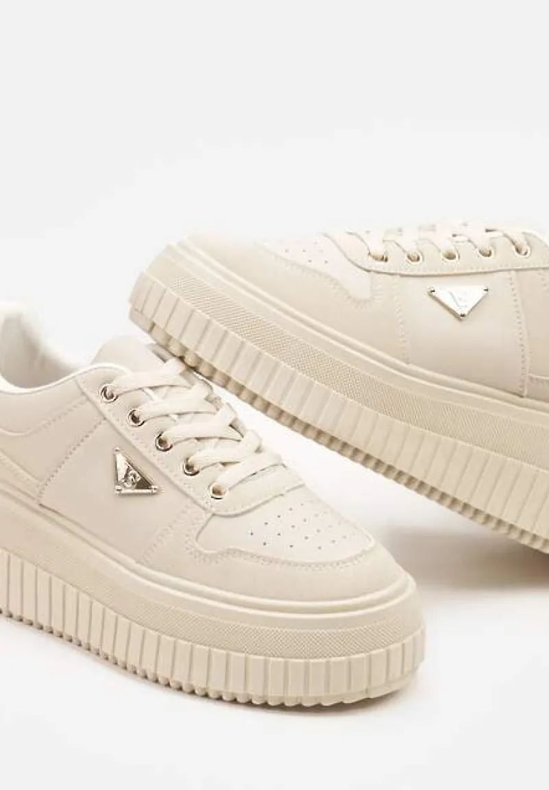 Beżowe Sznurowane Sneakersy Vices Tłoczonej Platformie Ozdobione Trójkątem Raviri