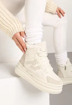 Beżowe Sznurowane Sneakersy na Tłoczonej Platformie Ozdobione z Boku Aplikacją Neathalie