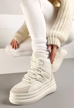 Beżowe Sznurowane Sneakersy na Tłoczonej Platformie Ozdobione z Boku Aplikacją Neathalie