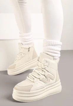 Beżowe Sznurowane Sneakersy na Tłoczonej Platformie Ozdobione z Boku Aplikacją Neathalie