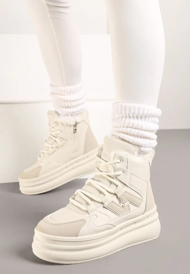 Beżowe Sznurowane Sneakersy na Tłoczonej Platformie Ozdobione z Boku Aplikacją Neathalie