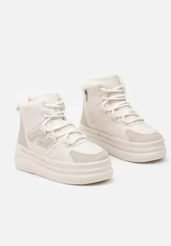 Beżowe Sznurowane Sneakersy na Tłoczonej Platformie Ozdobione z Boku Aplikacją Neathalie