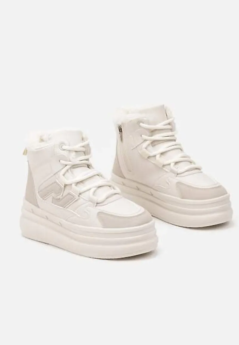 Beżowe Sznurowane Sneakersy na Tłoczonej Platformie Ozdobione z Boku Aplikacją Neathalie