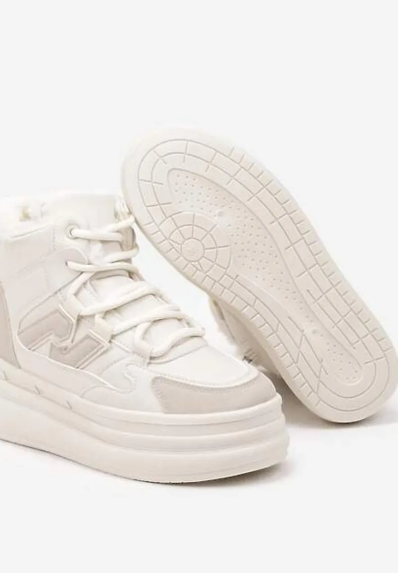 Beżowe Sznurowane Sneakersy na Tłoczonej Platformie Ozdobione z Boku Aplikacją Neathalie