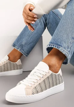 Beżowe Sznurowane Sneakersy z Materiałową Wstawką i Okrągłym Noskiem Bowlie