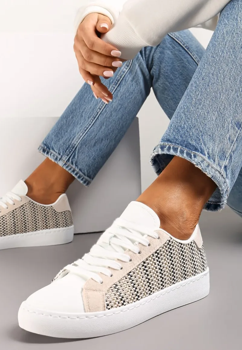 Beżowe Sznurowane Sneakersy z Materiałową Wstawką i Okrągłym Noskiem Bowlie