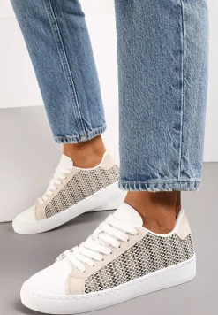 Beżowe Sznurowane Sneakersy z Materiałową Wstawką i Okrągłym Noskiem Bowlie