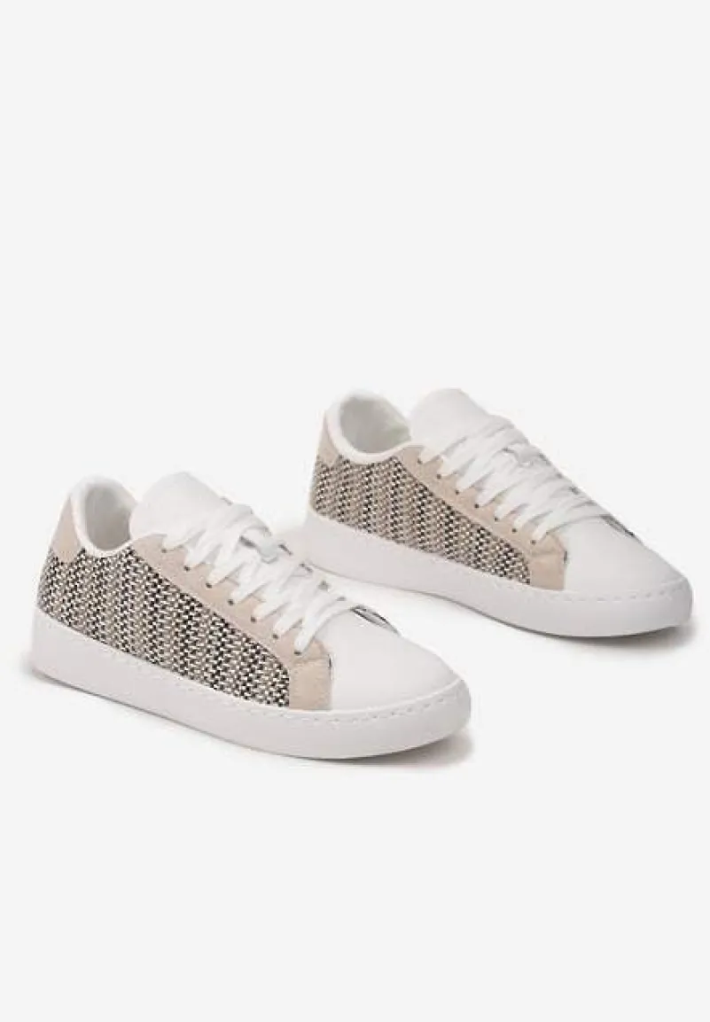 Beżowe Sznurowane Sneakersy z Materiałową Wstawką i Okrągłym Noskiem Bowlie