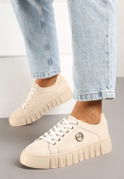 Beżowe Sznurowane Sneakersy Vices na Platformie z Tłoczeniem i Metaliczną Aplikacją Lavfedi