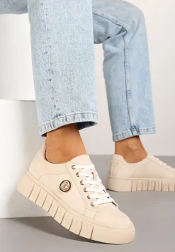 Beżowe Sznurowane Sneakersy Vices na Platformie z Tłoczeniem i Metaliczną Aplikacją Lavfedi