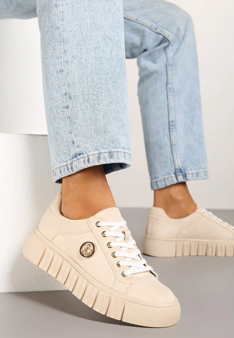 Beżowe Sznurowane Sneakersy Vices na Platformie z Tłoczeniem i Metaliczną Aplikacją Lavfedi
