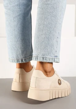 Beżowe Sznurowane Sneakersy Vices na Platformie z Tłoczeniem i Metaliczną Aplikacją Lavfedi