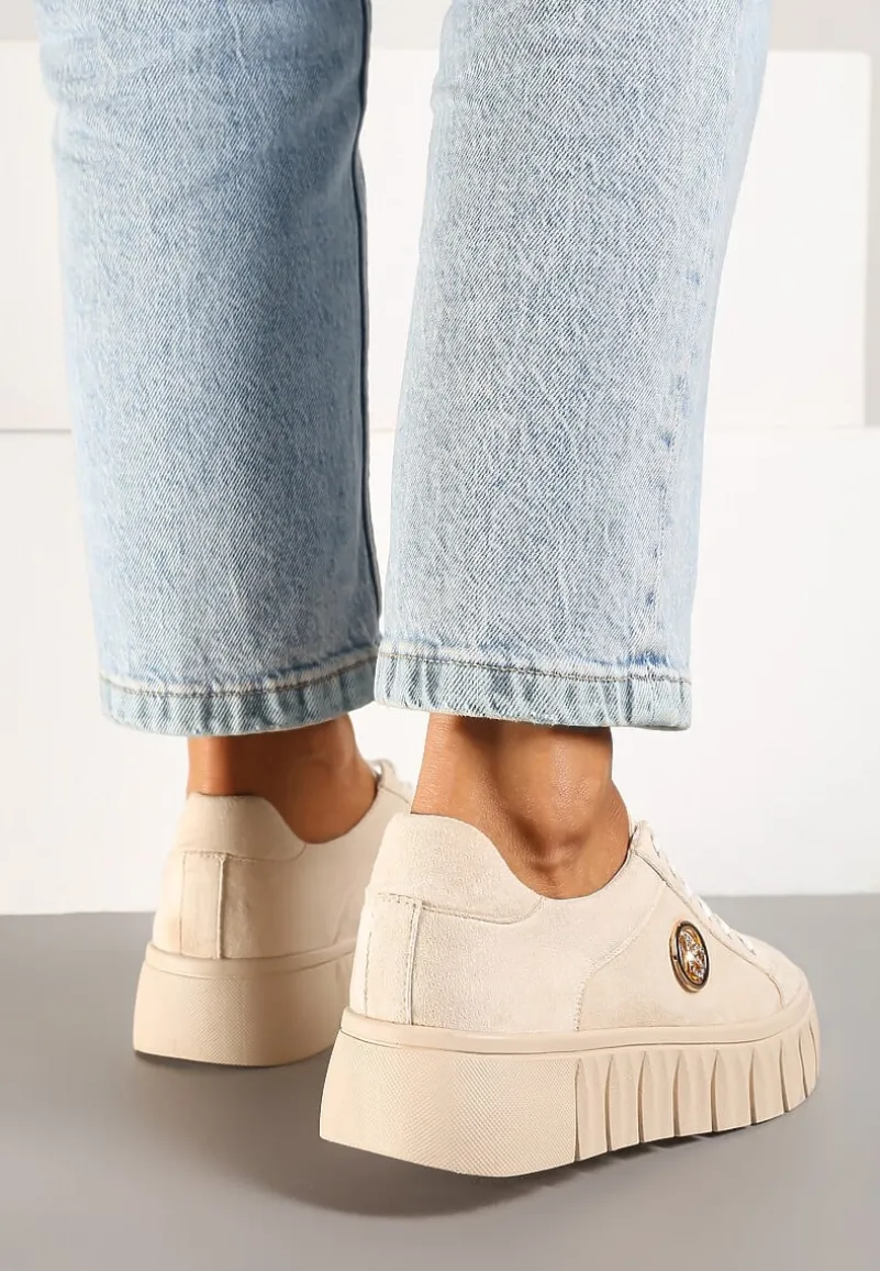 Beżowe Sznurowane Sneakersy Vices na Platformie z Tłoczeniem i Metaliczną Aplikacją Lavfedi