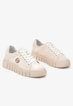 Beżowe Sznurowane Sneakersy Vices na Platformie z Tłoczeniem i Metaliczną Aplikacją Lavfedi