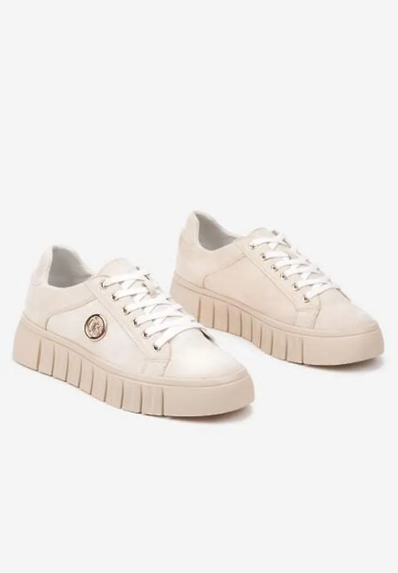 Beżowe Sznurowane Sneakersy Vices na Platformie z Tłoczeniem i Metaliczną Aplikacją Lavfedi