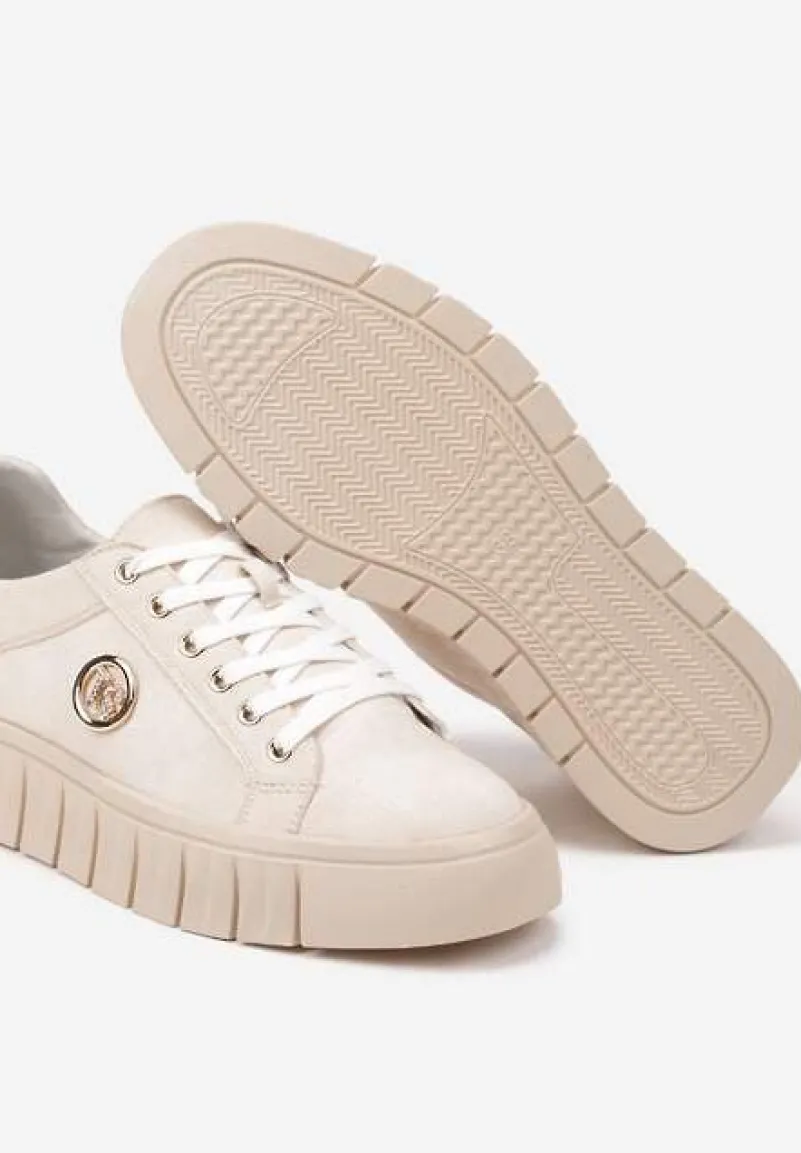 Beżowe Sznurowane Sneakersy Vices na Platformie z Tłoczeniem i Metaliczną Aplikacją Lavfedi