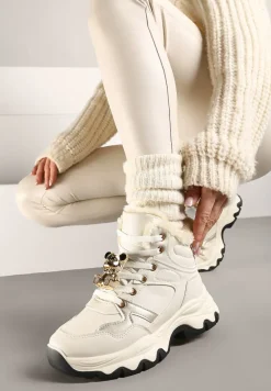 Beżowe Sznurowane Sneakersy na Płaskiej Podeszwie za Kostkę z Aplikacjami Misiów Temisza