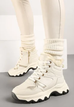 Beżowe Sznurowane Sneakersy na Płaskiej Podeszwie za Kostkę z Aplikacjami Misiów Temisza