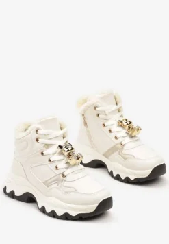 Beżowe Sznurowane Sneakersy na Płaskiej Podeszwie za Kostkę z Aplikacjami Misiów Temisza