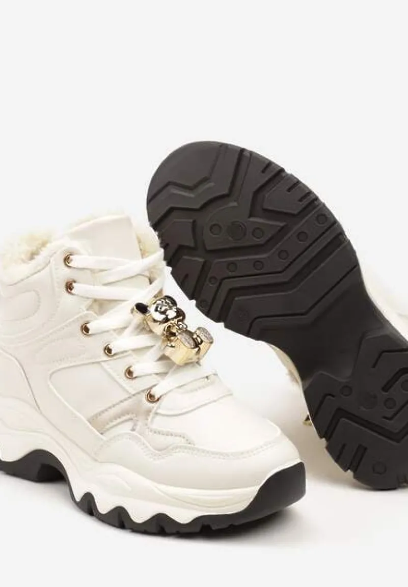 Beżowe Sznurowane Sneakersy na Płaskiej Podeszwie za Kostkę z Aplikacjami Misiów Temisza