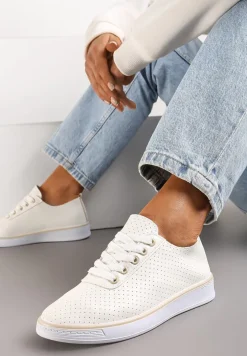 Beżowe Sznurowane Tenisówki z Ozdobną Taśmą na Tyle i Perforacją Kavinna