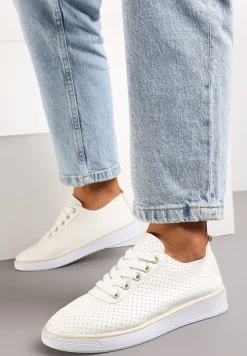 Beżowe Sznurowane Tenisówki z Ozdobną Taśmą na Tyle i Perforacją Kavinna