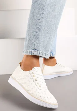 Beżowe Sznurowane Tenisówki z Ozdobną Taśmą na Tyle i Perforacją Kavinna