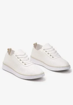 Beżowe Sznurowane Tenisówki z Ozdobną Taśmą na Tyle i Perforacją Kavinna