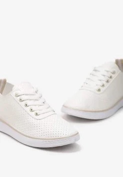 Beżowe Sznurowane Tenisówki z Ozdobną Taśmą na Tyle i Perforacją Kavinna