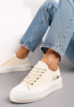 Beżowe Sznurowane Trampki na Grubej Podeszwie z Aplikacją Aniler